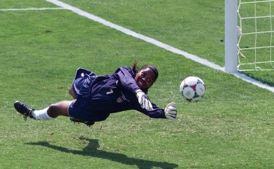 Briana Scurry blocks a penalty shootout during overtime of the Women's World Cup Final against China at the Rose Bowl in Pasadena, Calif., July 10, 1999. The U.S. team won 5-4 on penalties.