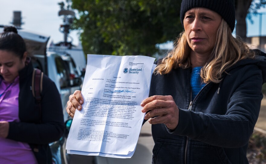 County Supervisors Tara Lawson-Remer holds up the pre-approved inspection paperwork which didn't work to get her into inspect the CoreCivic Detention facility in Otay Mesa, February 20th, 2026.