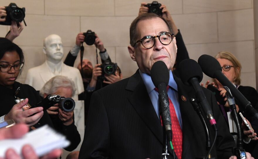 House Judiciary Chairman Jerry Nadler, D-N.Y., speaks to the media on Friday. His committee has released a report on the articles of impeachment against President Trump, ahead of a vote by the full House.