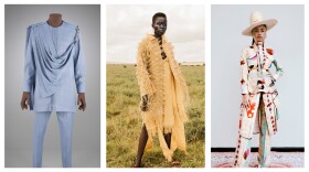 The blue dashiki (left) is from the Rwandan design studio Moshions and first appeared on a Kigali catwalk 5 years ago.<strong> </strong>Center: an outfit from womenswear brand IAMISIGO led by Kenya's Bubu Ogisi. Right: An outfit from Thebe Magugu out of Johannesburg, South Africa. These are 3 of the garments starring in the new "Africa Fashion" exhibit at London's Victoria and Albert Museum.