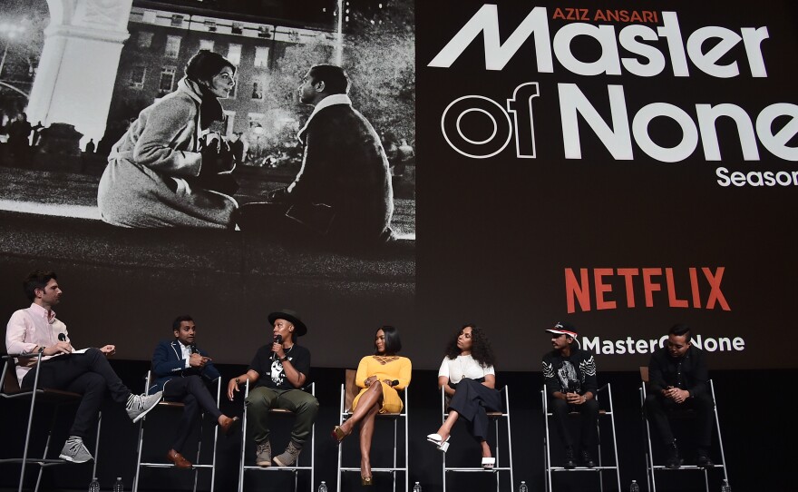 Actors join other creators of Netflix's Master of None in a panel discussion in June. The series is nominated for a best comedy Emmy.