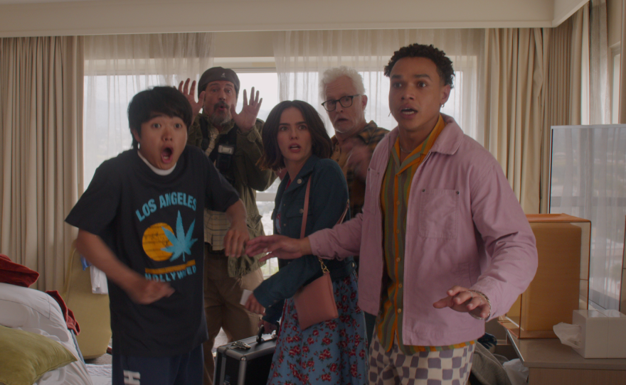 Ben Wang, Ken Marino, Zooey Deutch, John Slattery and Miles Gutierrez-Riley in a scene from Gail Daughtry and the Celebrity Sex Pass.