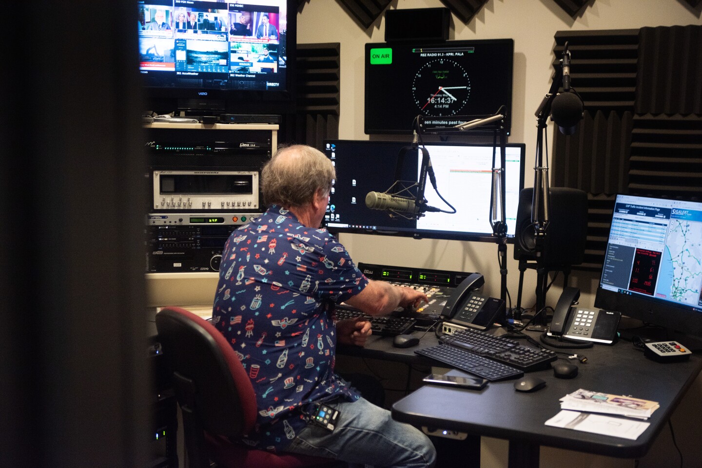 John Fox prepares for a live broadcast of the regions traffic at the Pala Rez Radio station on the Pala Reservation on Thursday May 29th 2025.