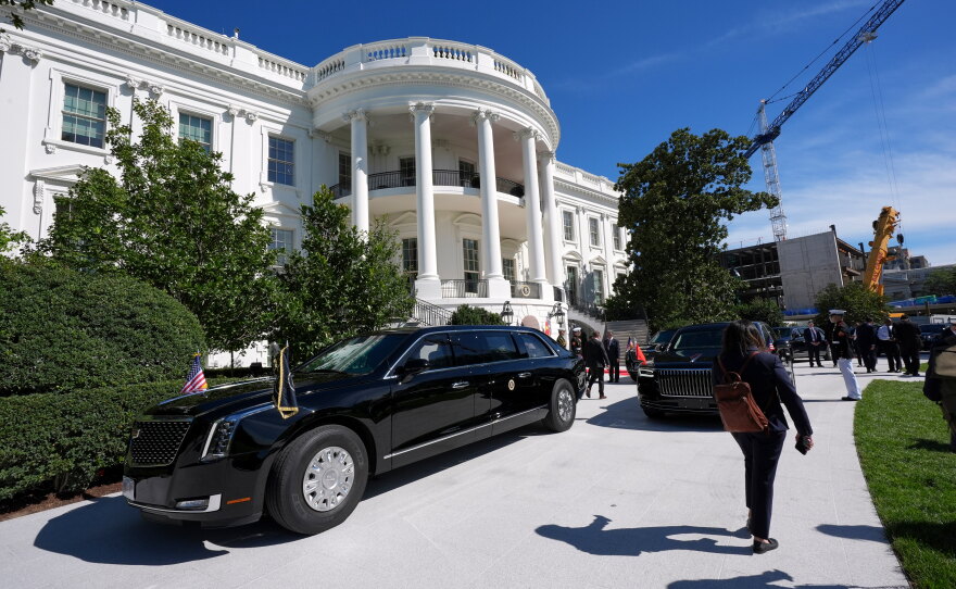 The motorcade of President Donald Trump departs the White House en route to the National Archives to greet China's President Xi Jinping and his wife Peng Liyuan, Friday, Sept. 25, 2026, in Washington.