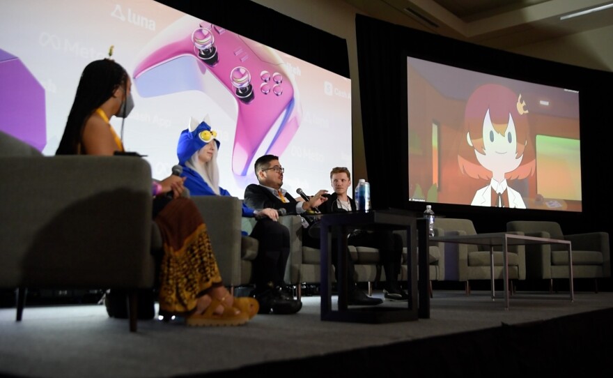 Streamers SweetxSage, AngryOwlCat, Psyculturists and EuroBrady (left to right) speak about mental health during a panel, "The Inner Game: Empowering Streamers to Protect Their Mental Health," at TwitchCon on Oct. 17, 2025 in San Diego, Calif.