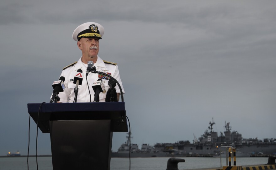 Then-commander of the U.S. Pacific Fleet, Adm. Scott Swift, answers questions during a news conference in this undated photograph.