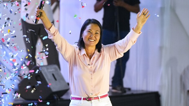 Presidential candidate Keiko Fujimori, of the Popular Force party, waves to supporters in San Juan de Lurigancho district in Lima, Peru, Saturday, May 9, 2026.