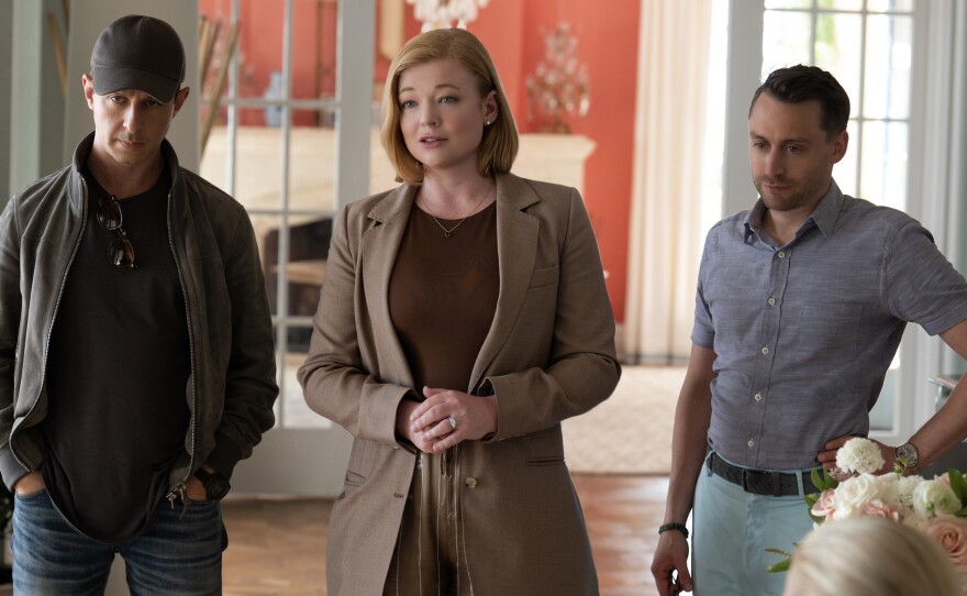 Actors Jeremy Strong (from left), Sarah Snook and Kieran Culkin are pictured in an episode of <em>Succession</em>, which ends on Sunday.