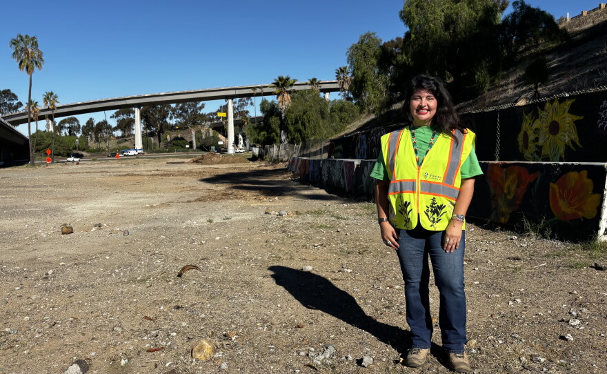 Janice Luna Reynoso, executive director of Mundo Gardens, stands on Caltrans land identified for redevelopment, Oct. 26, 2026.