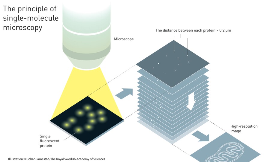 Single-molecule microscopy, one component of the Nobel Prize-winning technique.