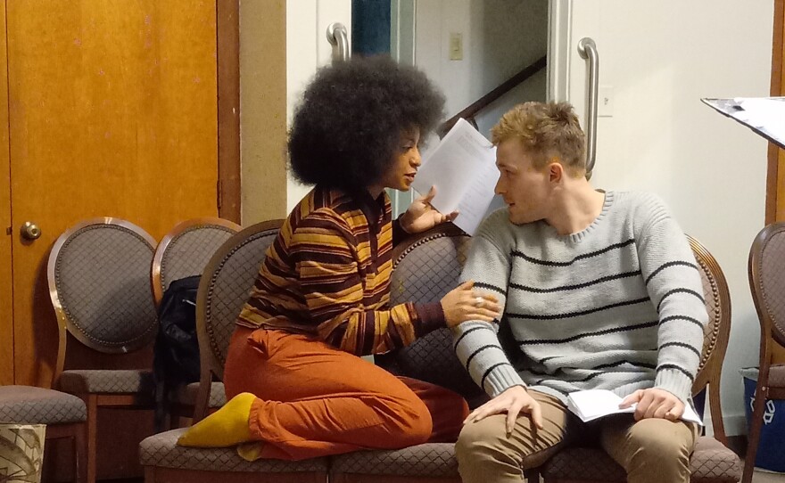 Amira Temple and Devin Wade rehearsing a scene from Loud Fridge Theatre Group's production of "Ripped."