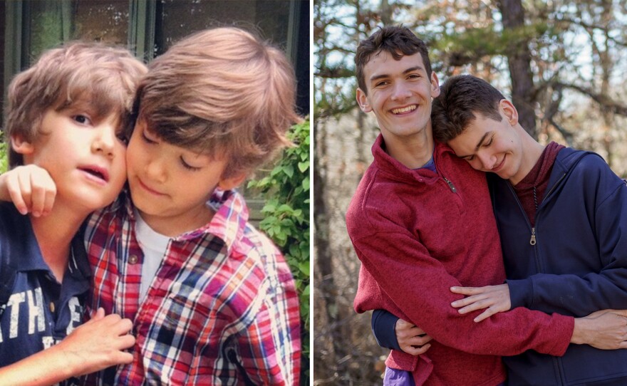 These side-by-side photos show identical twins Sam and John Fetters. On the left, the twins on their first day of third grade; on the right, the brothers at home on Martha's Vineyard in March 2024.