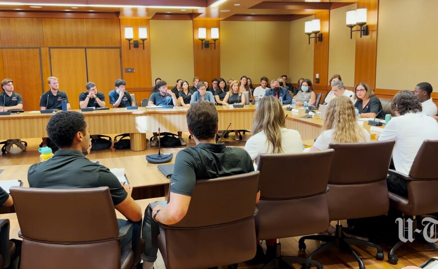 San Diego State University President Adela de la Torre is shown addressing a gathering of the Associated Students of San Diego State on August 31, 2022.