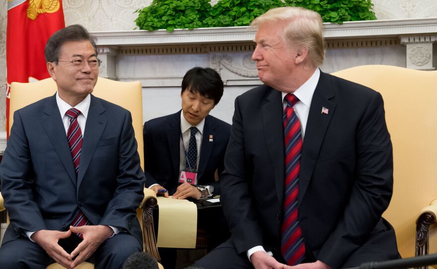President Trump and South Korean President Moon Jae-in during a 2018 meeting in the Oval Office. Thursday's meeting is their first since Trump's unsuccessful summit with North Korea in February.