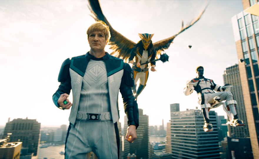 Nathan Fillion as Guy Gardner, Isabela Merced as Hawkgirl and Edi Gathegi as Mr. Terrific in DC Studios’ and Warner Bros. Pictures’ “Superman.” (2025)