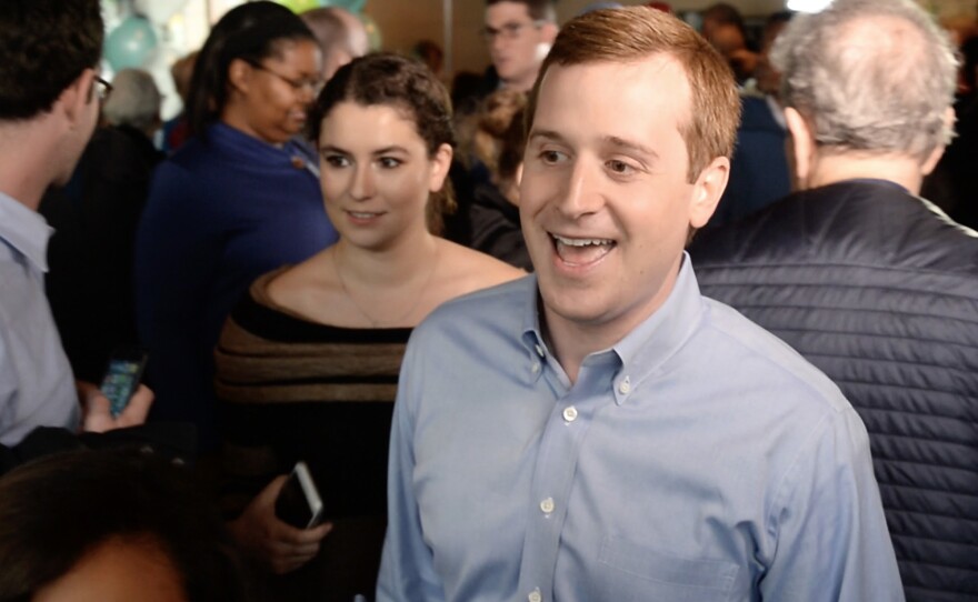 Democrat Dan McCready makes his way through the crowd at an event following the North Carolina State Board of Elections decision to hold a new election in the state's ninth congressional district.