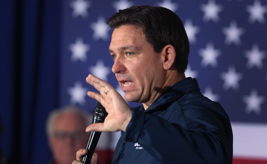 Florida Gov. Ron DeSantis speaks during a campaign rally Saturday in Newton, Iowa.