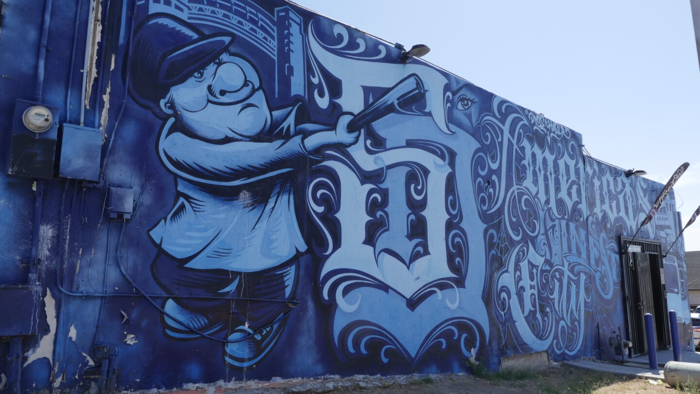 Artist Dyse One's ode America's Finest City features the Padres mascot graffitied in shades of blue on the side of the Universal Radiator building in Imperial Beach. (Oct. 8, 2024)
