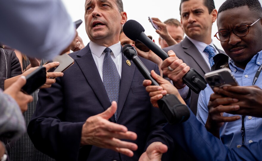 Rep. Bob Good, R-Va., spoke to reporters on Capitol Hill following a foreign aid bill vote on April 19. He said he doesn't support the motion to vacate House Speaker Johnson.