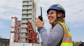Tara Hutchinson, a structural engineering professor at UC San Diego, talks to colleagues at the university's shake table on Thursday, July 17, 2025.