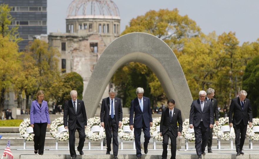 U.S. Secretary of State John Kerry (fourth from left) joins other G7 foreign ministers after placing wreaths at the cenotaph at the Hiroshima Peace Memorial Park on Monday in Japan. Kerry became the highest-ranking U.S. official to visit Hiroshima.