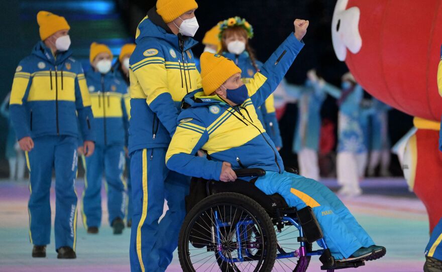 Athletes from Ukraine take part in the opening ceremony of the Beijing 2022 Winter Paralympic Games at the National Stadium in Beijing on Friday.