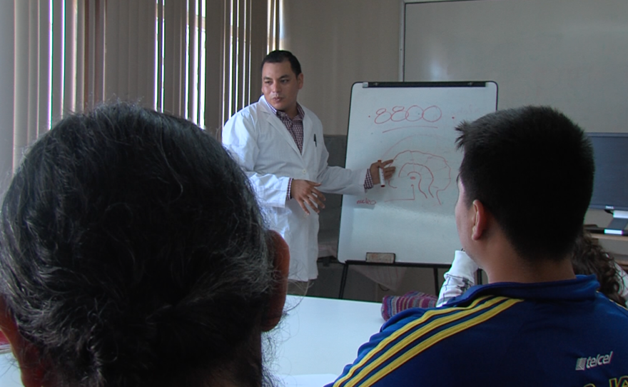 Patients at Tijuana's Centro de Integración Juveníl learn about drug-induced brain damage, Oct. 18, 2016.
