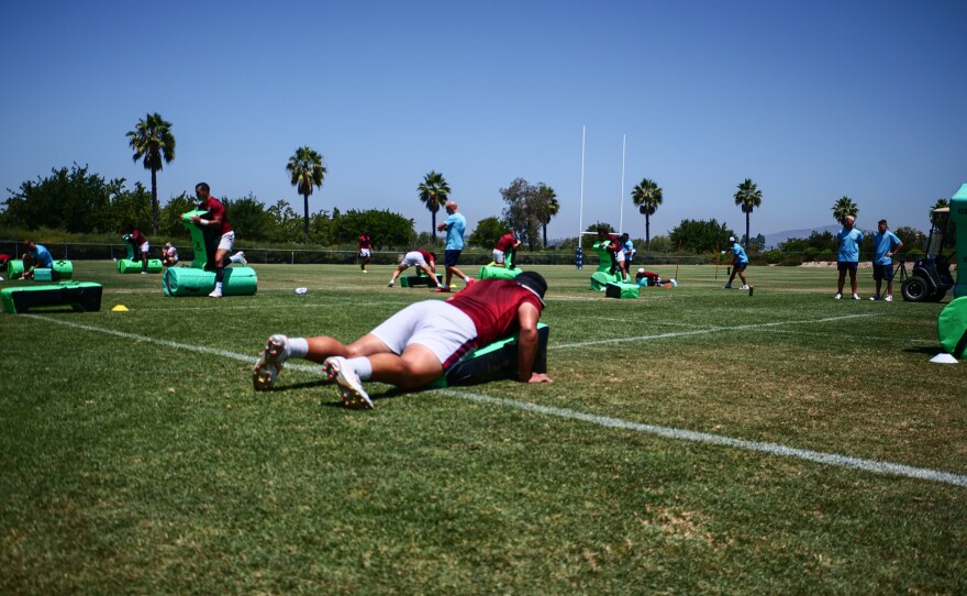 Players on USA Men’s rugby sevens practice a tackling drill on July 1, 2024. Chula Vista, Calif.