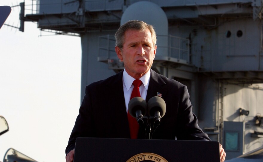 President George W. Bush declares the end of major combat in Iraq aboard the aircraft carrier USS Abraham Lincoln on May 1, 2003. The war in Iraq would drag on for years.