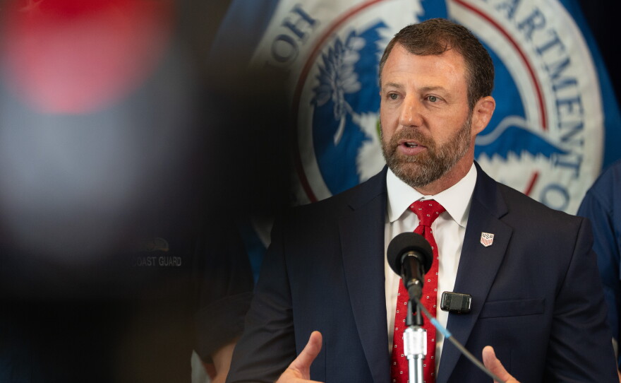 Homeland Security Secretary Markwayne Mullin speaks during a news conference July 1 in New York.