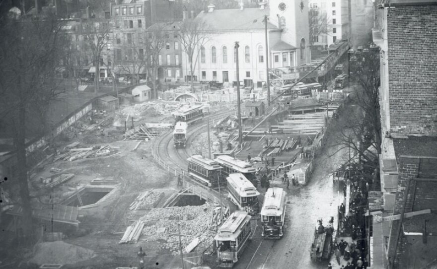 Birdseye view of construction at Tremont and Park Streets, Boston (November 1896).