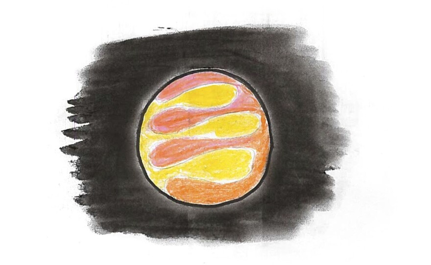 A yellow and pink planet with orange swirls.