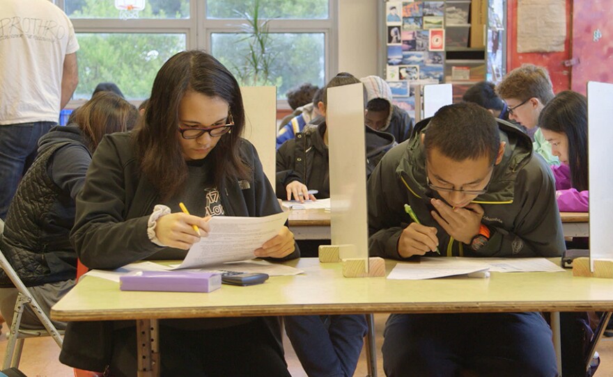 Rachel Schmidt takes test.