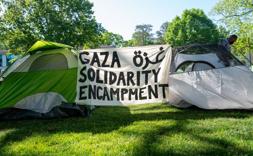 An encampment set up by pro-Palestinian and 'Cop City' protesters on Emory University's campus on Thursday, April 25, 2024.