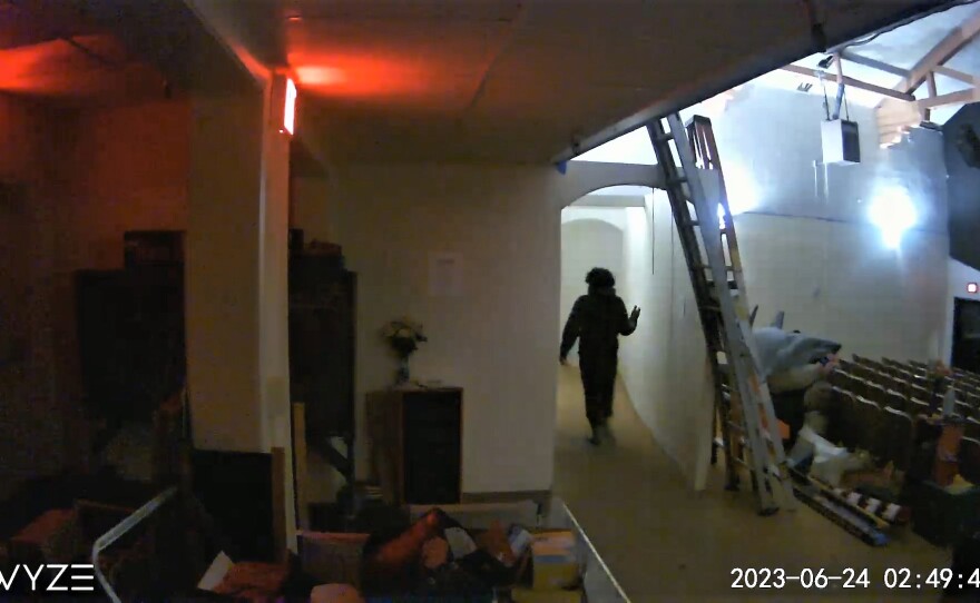This surveillance video provided by the Maria Hitchcock Puppet Theater shows the burglary suspect during the first break-in, in San Diego, Calif., on June 24, 2023.<br/>