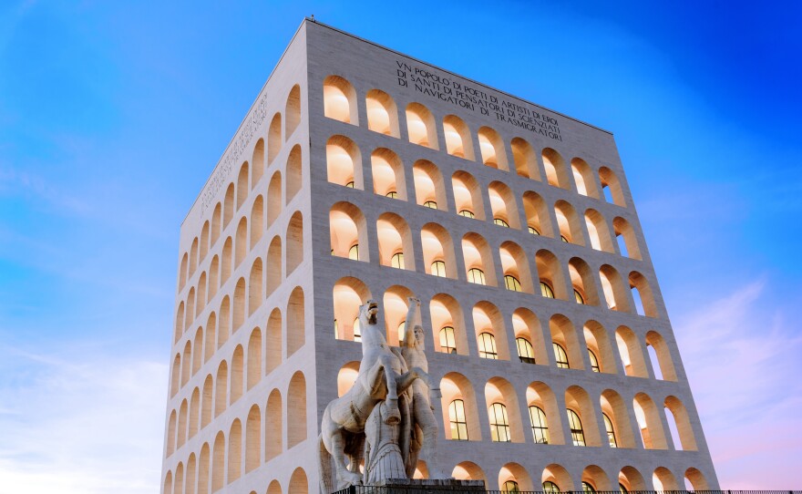 Palazzo della Civiltà Italiana, known as Square Colosseum, has 416 arches and statues celebrating heroism, philosophy and political genius. It's also the global headquarters of the Fendi fashion house.