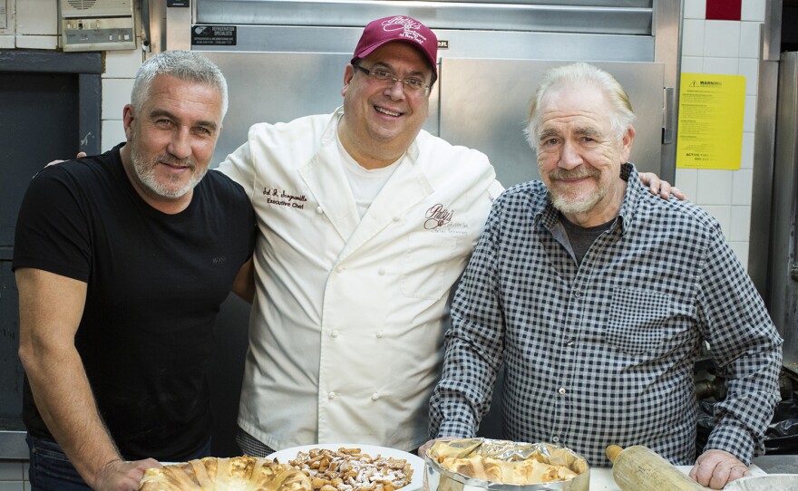 Paul Hollywood and Brian Cox (right) with Patsy's chef Sid (center).