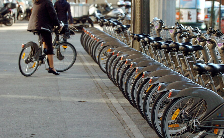 A row of Velib rental bicycles sits in a rack in central Paris shortly after the program was introduced in 2007.