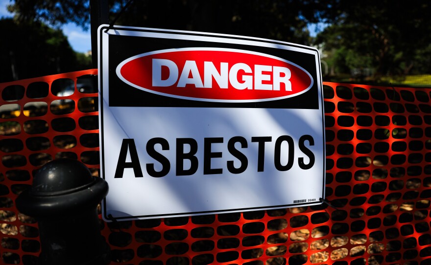 An asbestos warning sign is seen at Victoria Park in in Sydney, Australia on February 29, 2024.