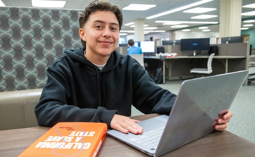 Student Athens Marron at the Cal Poly Humboldt Library in Arcata on March 22, 2024.