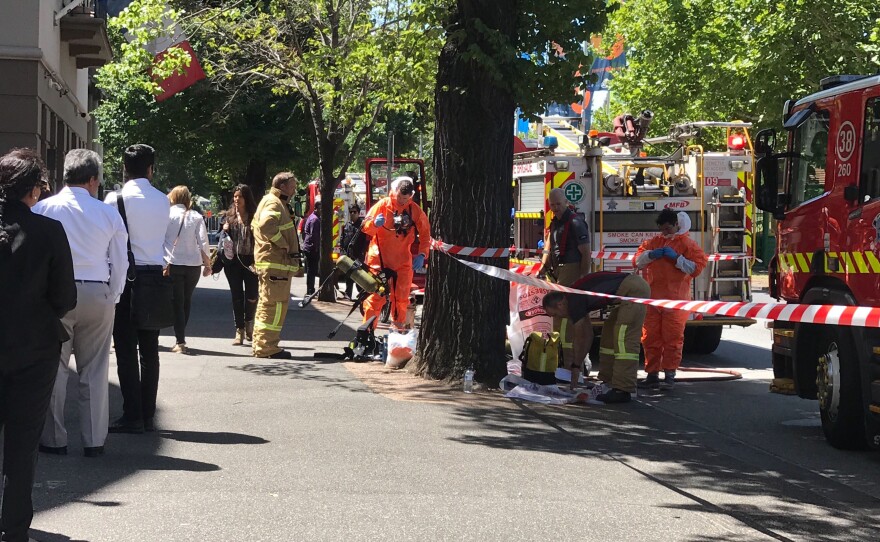 Hazmat and fire crews work outside the Indian and French Consulate in Melbourne. At least seven international consulates were evacuated in Melbourne, Australia, on Wednesday after reports that multiple suspicious packages had been sent to them.