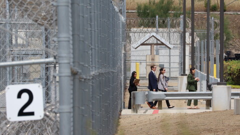 Reps. Mike Levin and Sara Jacobs leave the Otay Mesa Detention Center on Thursday, April 2, 2026.