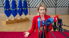 European Union foreign policy chief Kaja Kallas speaks with the media as she arrives for a meeting of EU foreign ministers at the European Council building in Brussels, Monday, May 11, 2026.