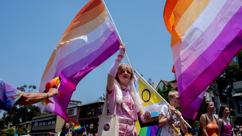 A San Diego Pride Parade goer waves the lesbian Pride flag, July 16, 2022.