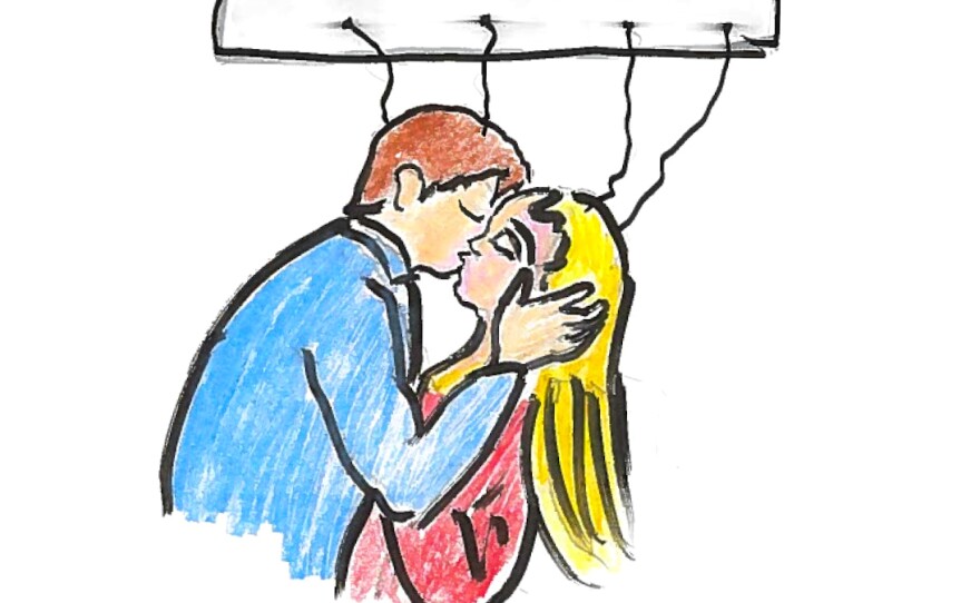 Illustration of a man and woman kissing while attached to brain-monitoring equipment