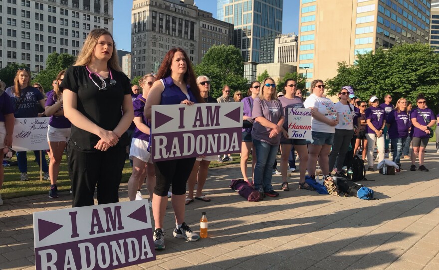 Danielle Threet, left, a nurse and friend of RaDonda Vaught, stands next to her mother, Alex Threet, at a rally in support of Vaught outside the Davidson County Courthouse in Nashville ahead of sentencing.
