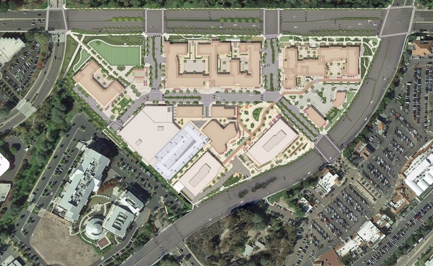 An architectural drawing gives a bird's eye view of the proposed $650 million One Paseo project site on Del Mar Heights Road in Carmel Valley.