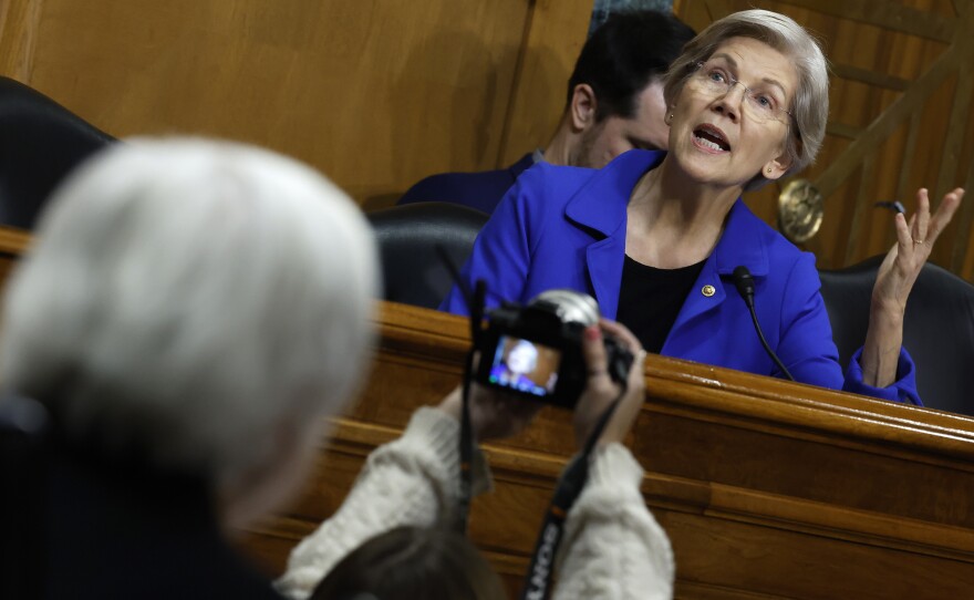 Sen. Elizabeth Warren (D-MA) questions Treasury Secretary Janet Yellen during a hearing about President's budget during a hearing by the Senate Finance Committee on Capitol Hill in Washington, D.C., on March 16, 2023. Warren and Republican Sen. Rick Scott on Wednesday called for the Fed's internal inspector general to be appointed by the president and confirmed by the Senate.