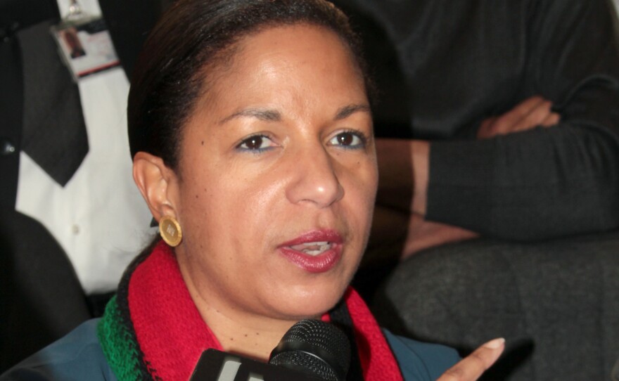 U.S. Ambassador to the United Nations Susan Rice speaks to the media during a visit to Benghazi in 2011.