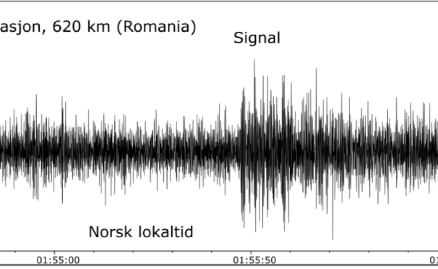 The seismic signal as detected in Romania, 620 kilometers (385 miles) from the dam. Norwegian seismologists say it looks like an explosion.